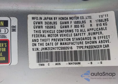 2012 Honda Insight Ex z USA, uszkodzony, nr VIN JHMZE2H77CS002616